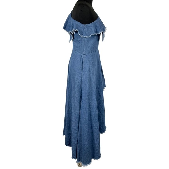 TOV HOLY DENIM ONE SHOULDER RAW HEM RUFFLE HIGH LOW MIDI DRESS - Picture 8 of 16